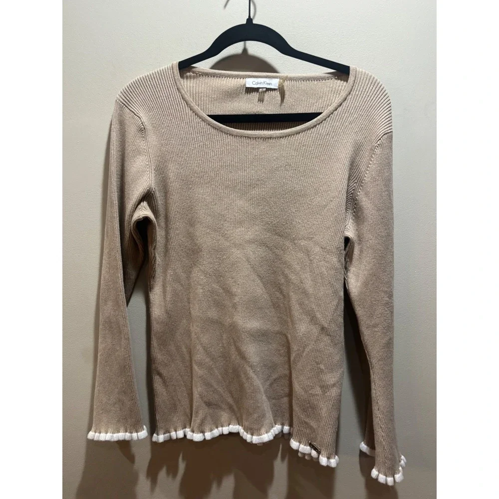 Calvin Klein Womens Ribbed Knit Sweater Tan Lettuce Trim Long‎ Sleeve M